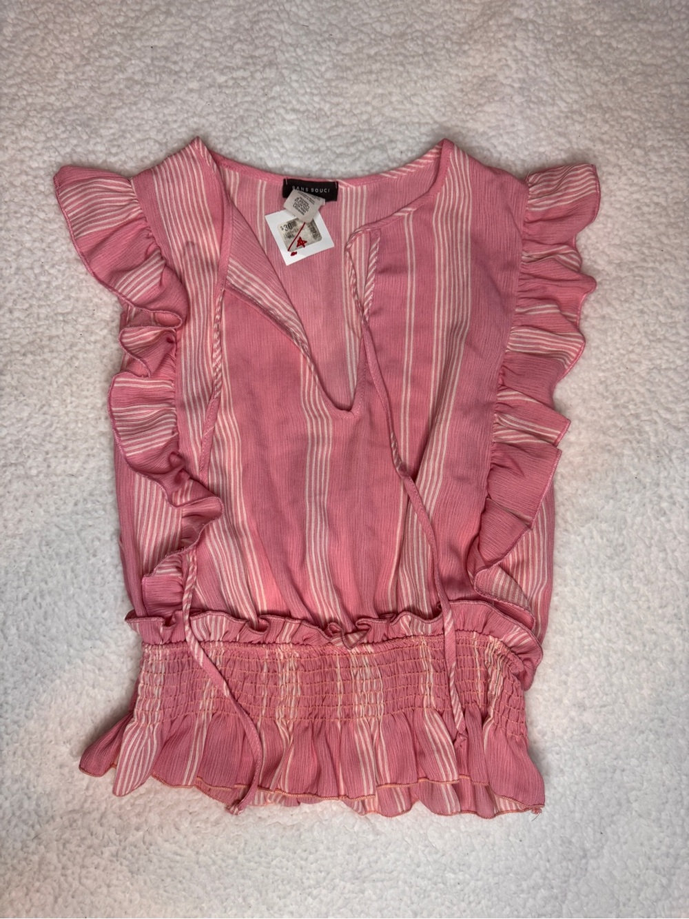 NWT Sans Souci Pink Striped Ruffle Sleeve Smocked Waist Blouse
